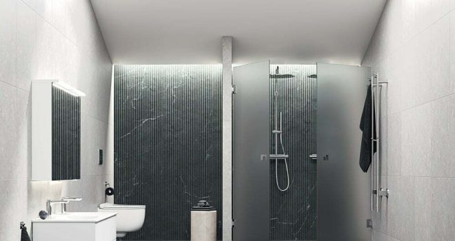 Kylpyhuonekalusteet kuvassa on kylpyhuone, jossa on suihkuseinä ja mustat portaat.