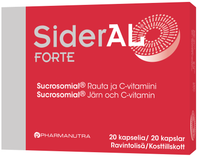 Sideral Forte on helposti imeytyvä rautalisä, jonka paketti on punainen.