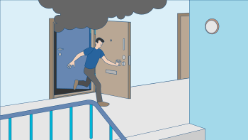 Mies juoksee ulos ovesta, koska sisällä on tulipalo ja koti täyttyy savusta.
