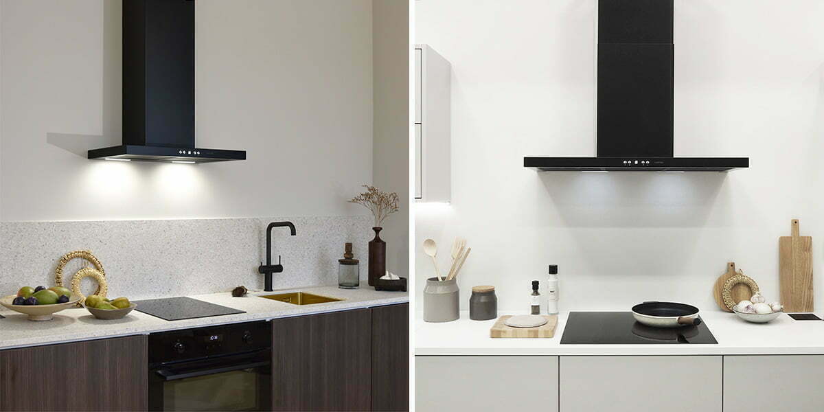 Mustat JonaSlim-liesituulettimet 60- ja 90-senttisenä keittiöissä, joissa voidaan hyödyntää huippuimuria ohjaavat kuvut.