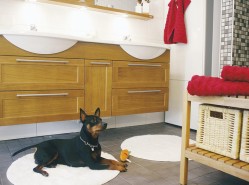 Perheen Rambo-koira on keksinyt, että lattialämmitys ja kylpyhuoneen matto ovat mukava yhdistelmä.